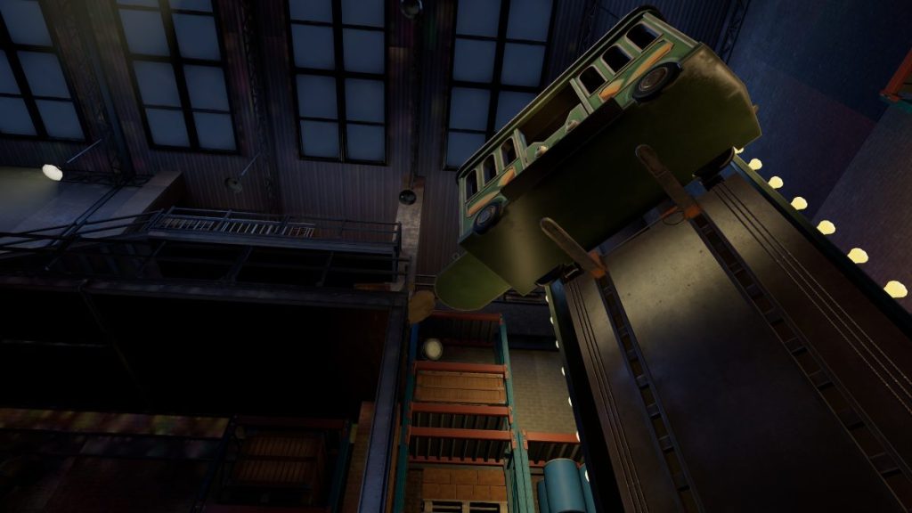 Looking up in Warehouse at the ascending green bus