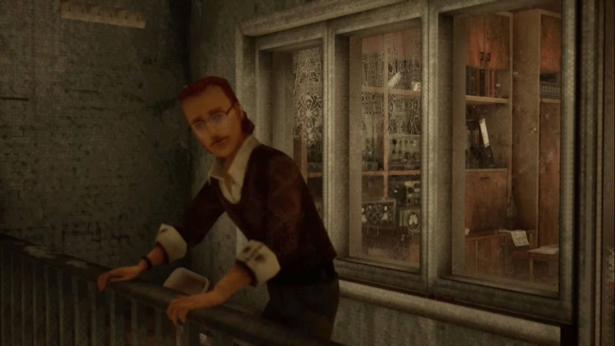 Overseer looking over the balcony in opening cutscene of Funeralopolis