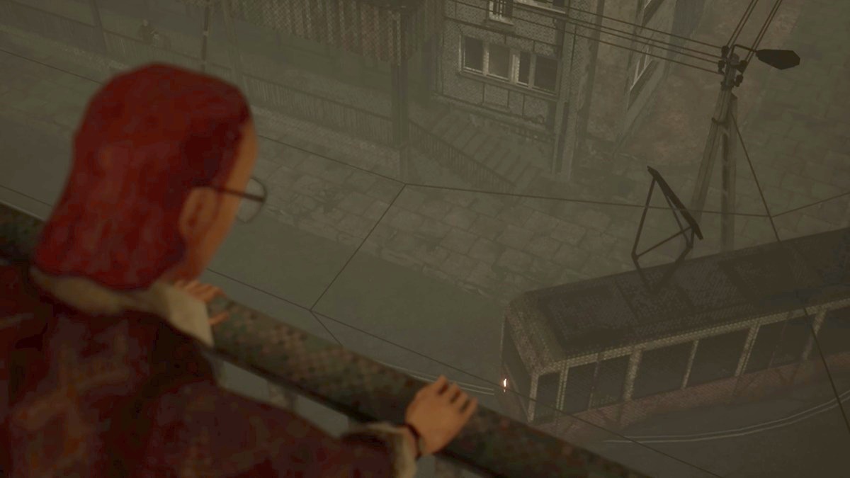 Overseer looking over at the moving tram in the dead city