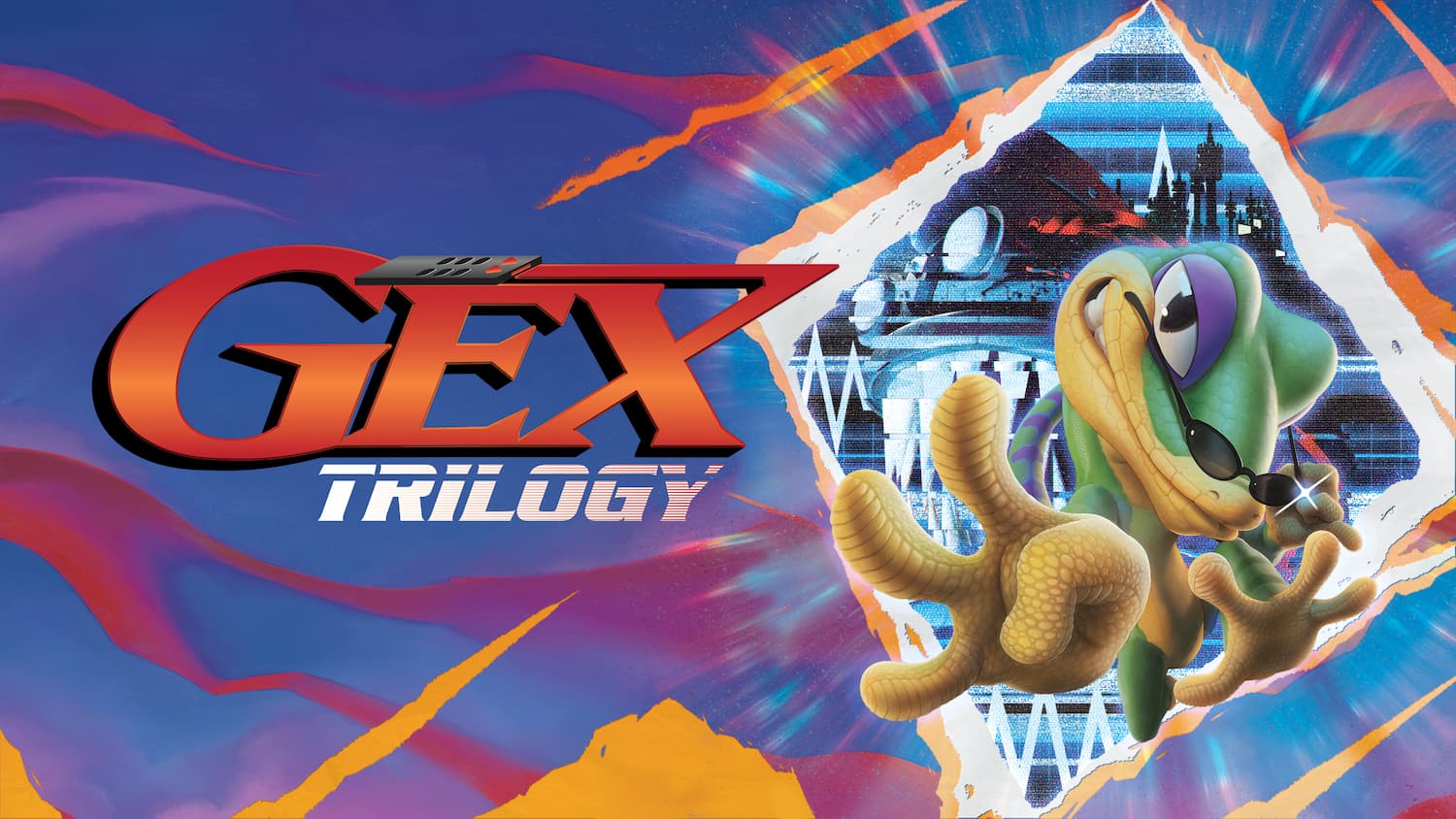 Key art for Gex Trilogy, showing a green lizard wearing sunglasses bursting out from a blue, red, and orange background.