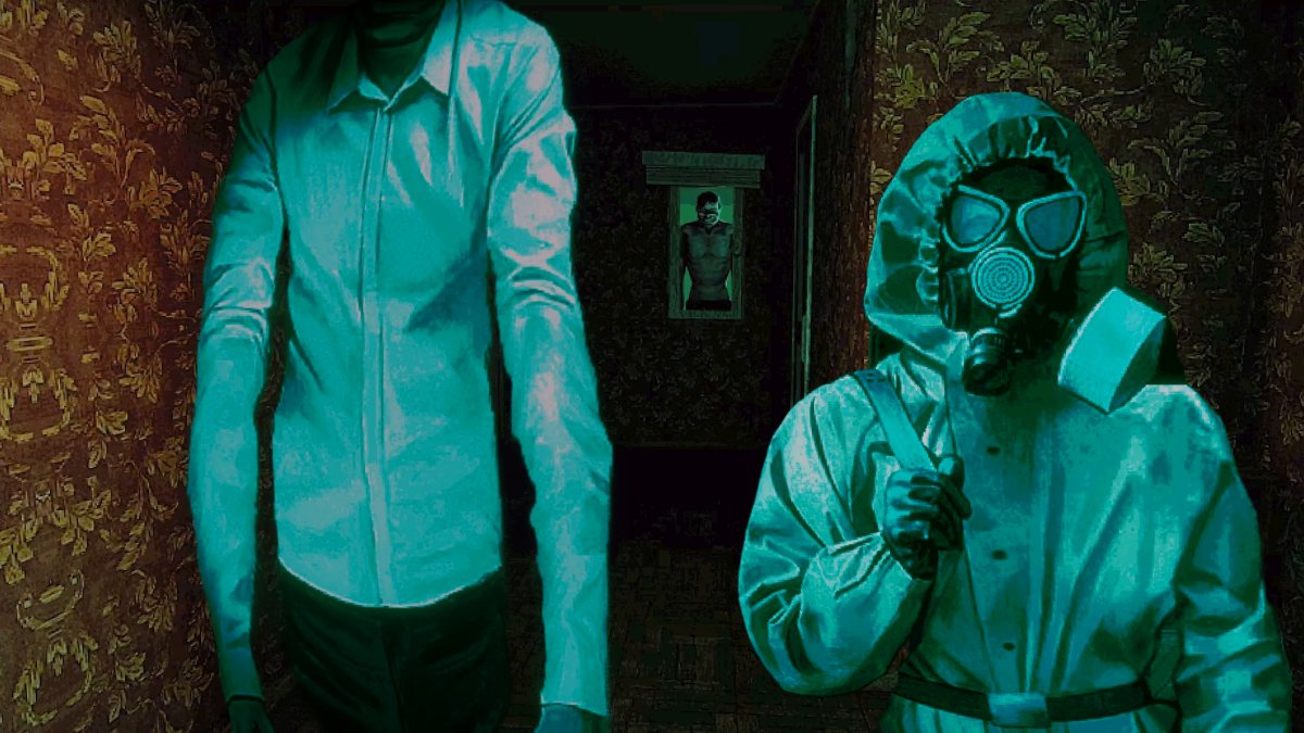 Edited image of Super Imposter looking through window in No I'm not a Human demo cutscene with thin man and FEMA inside the house