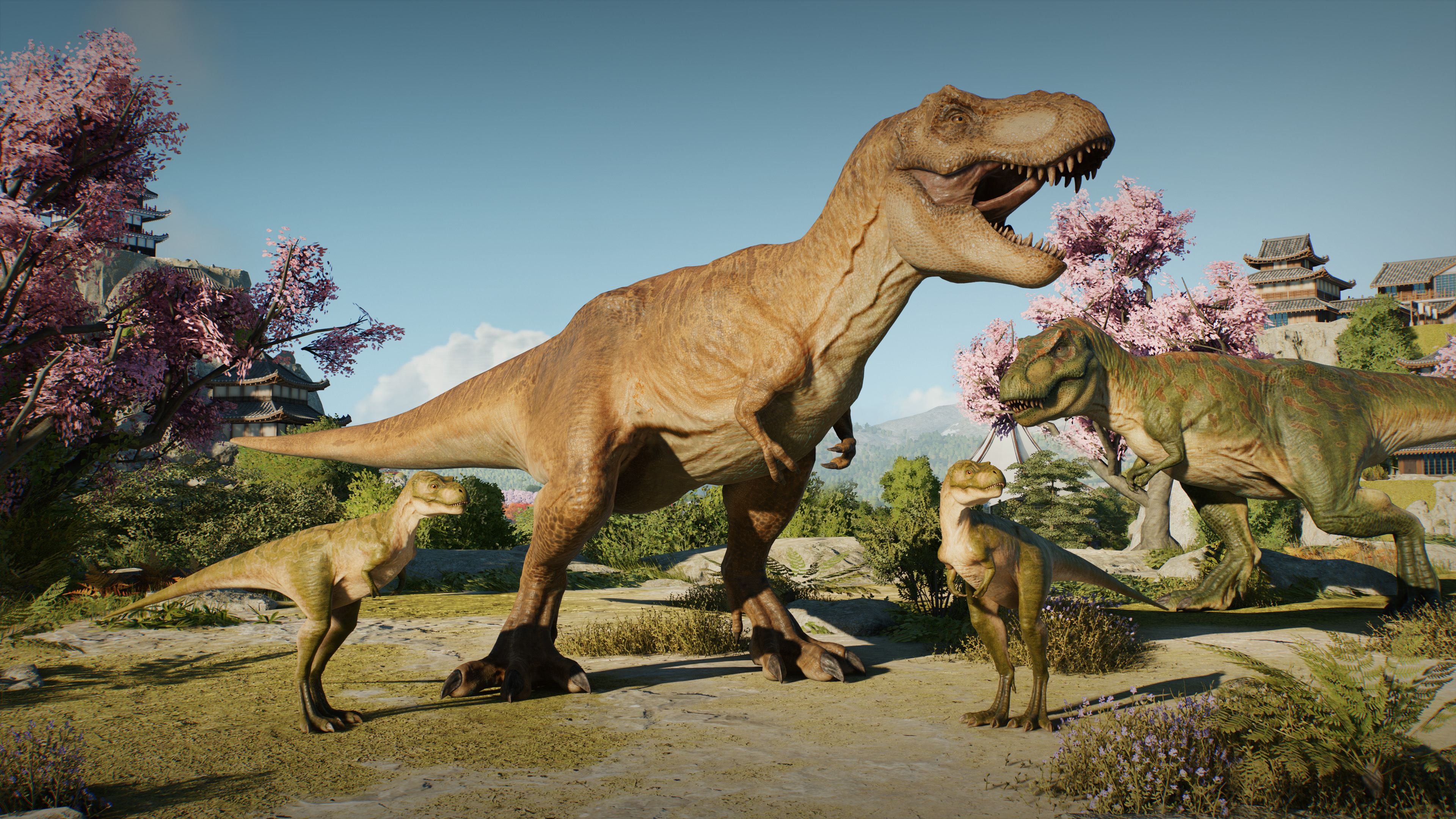 A family of T-Rex in Jurassic World Evolution 3