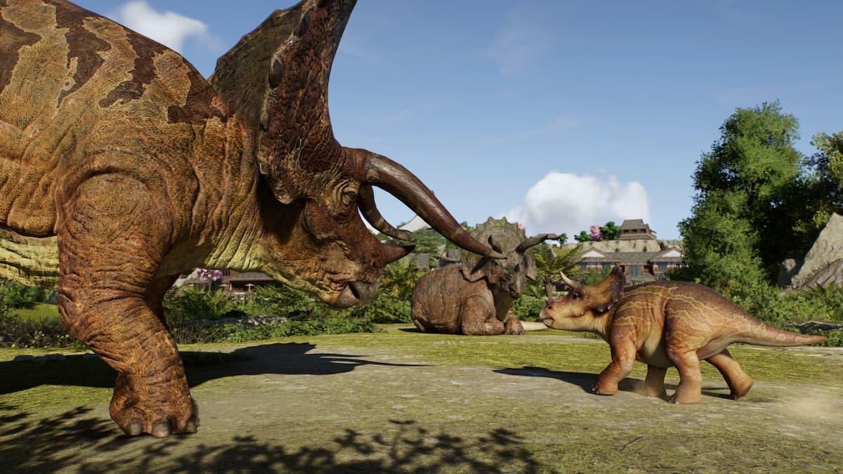 A family of Triceratops in Jurassic World Evolution 3