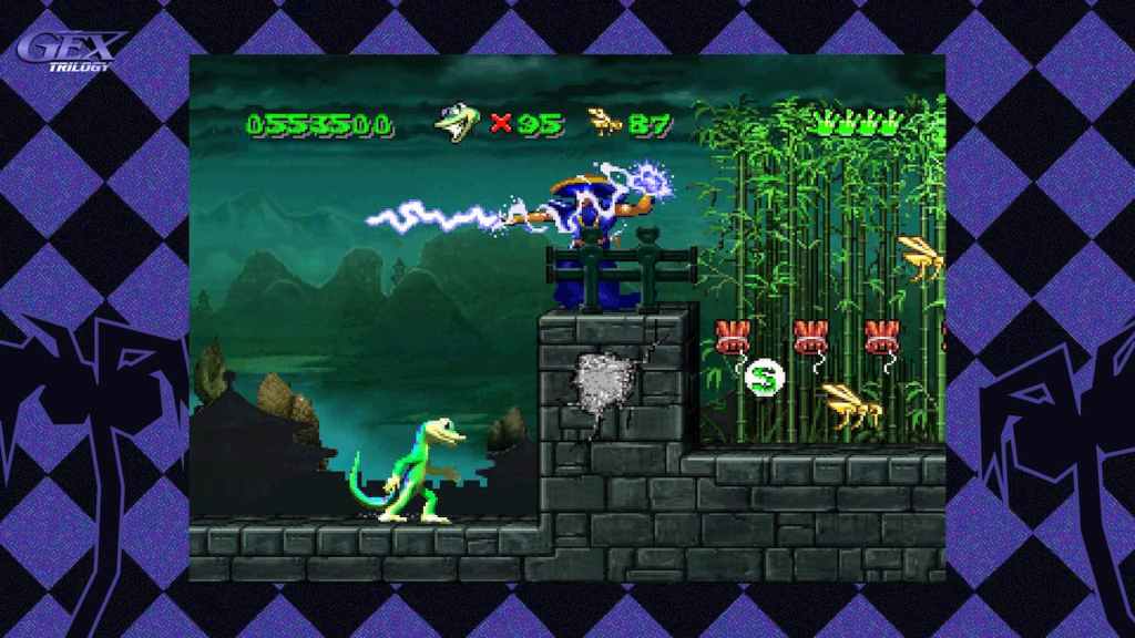 A green lizard, Gex, stands facing to the right on a 2d screen as a man shoots lightning out of his hand.