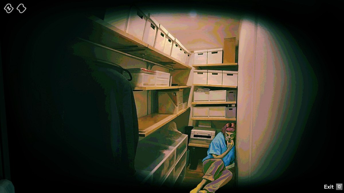 Hunched woman looking nervous in the closet of No, I'm not a Human