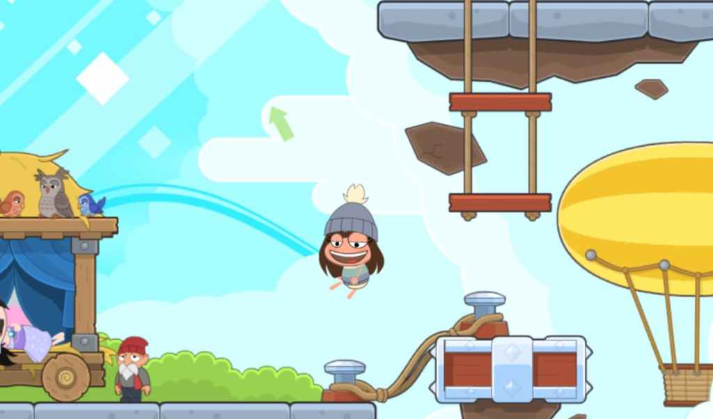 A female character from Poptropica jumps into the air, wearing a beanie.