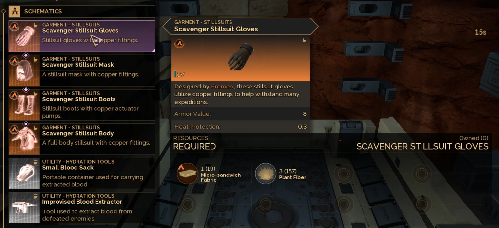 Different parts of a Stillsuit in Dune Awakening that can be produced at the Fabricator