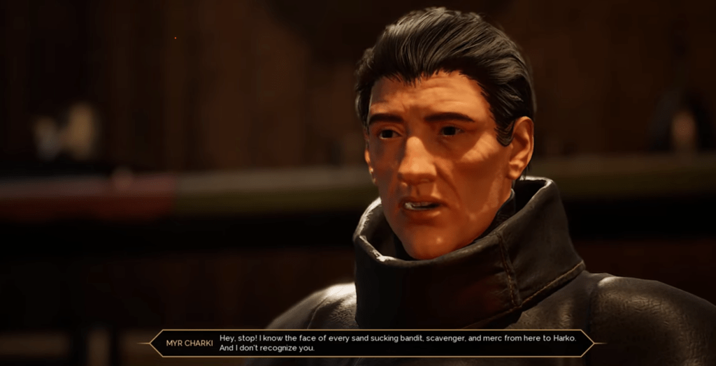 Myr Charki at a Trading Post in Dune Awakening negotiating a deal