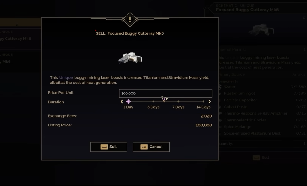 An item being sold by a player in The Exchange in Dune Awakening