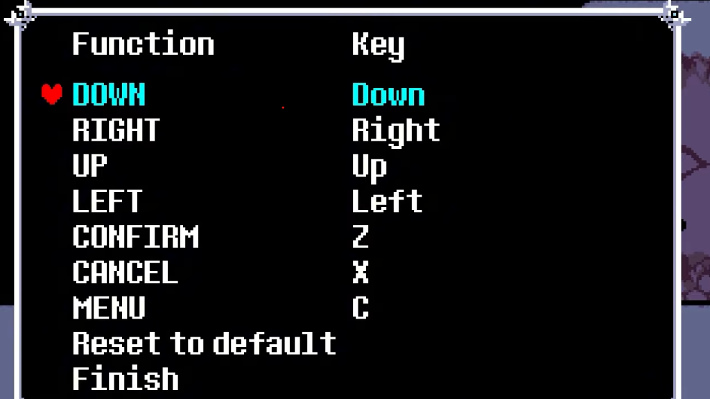 A screenshot of default PC controls in Deltarune