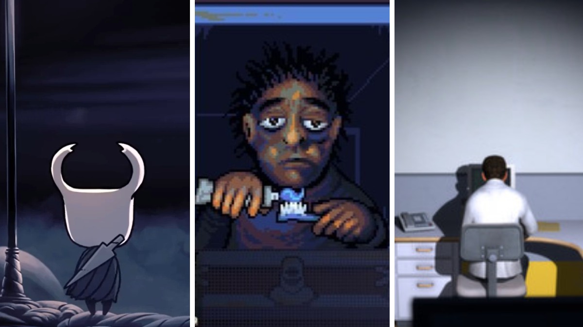3 game collage pictured left to right: Hollow Knight, Look Outside, and The Stanley Parable