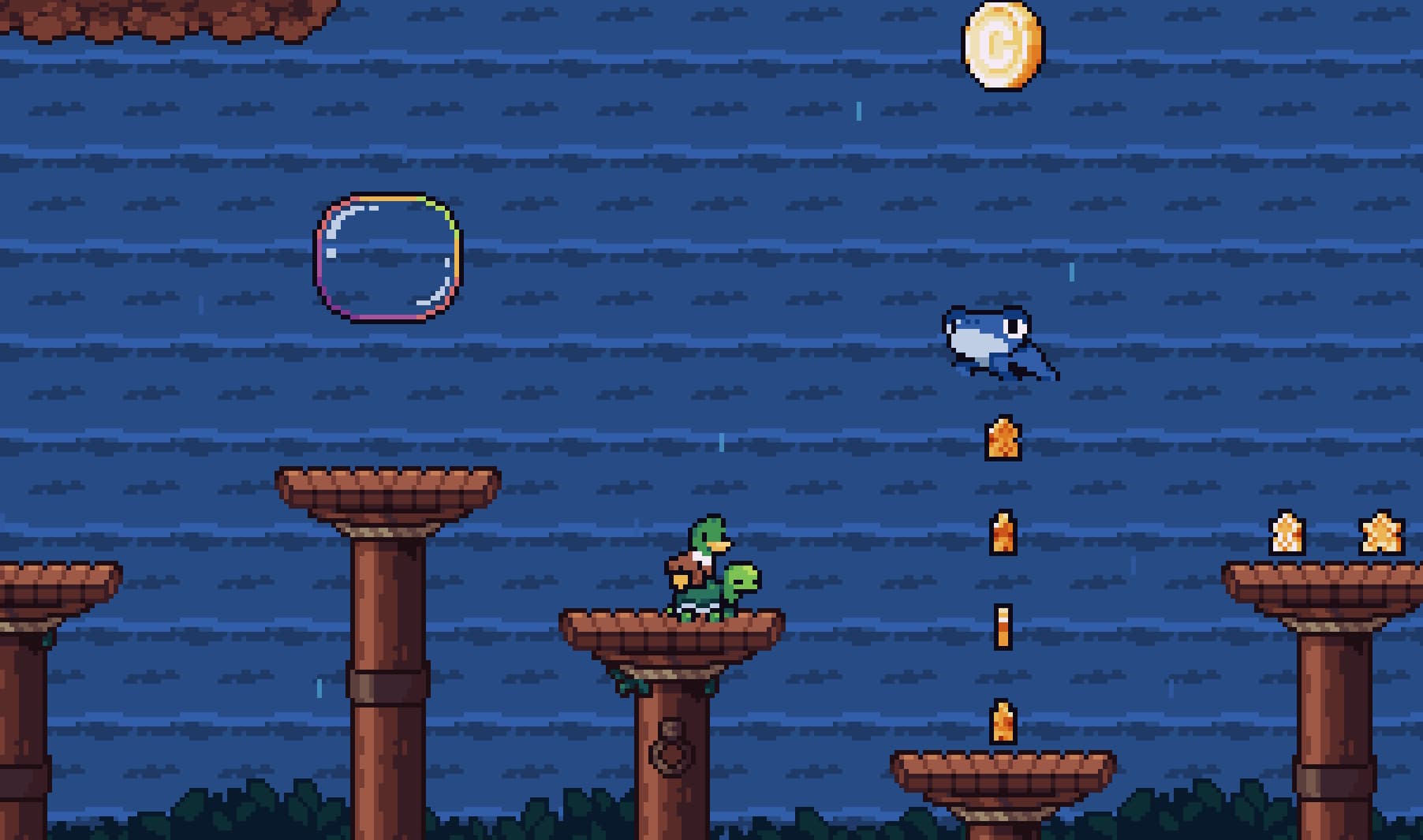 A sreenshot from Windswept, showing a duck and a turtle on wooden platforms in front of a watery background.