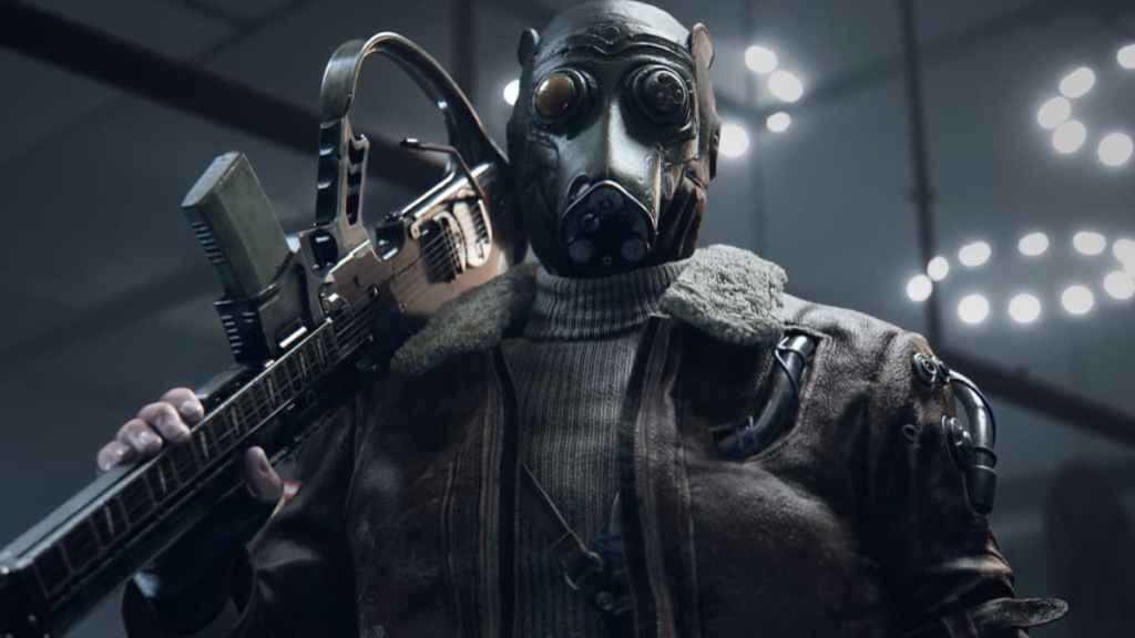 A character wearing a gas mask and a gun that looks like guitar in Atomic Heart 2. 