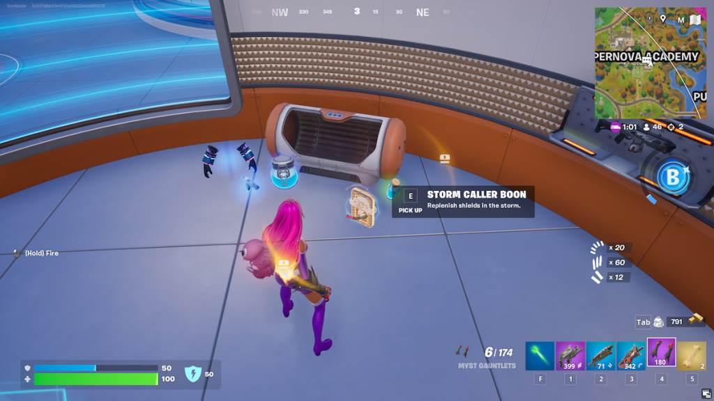 Starfire looking at a Boon on the ground in Fortnite