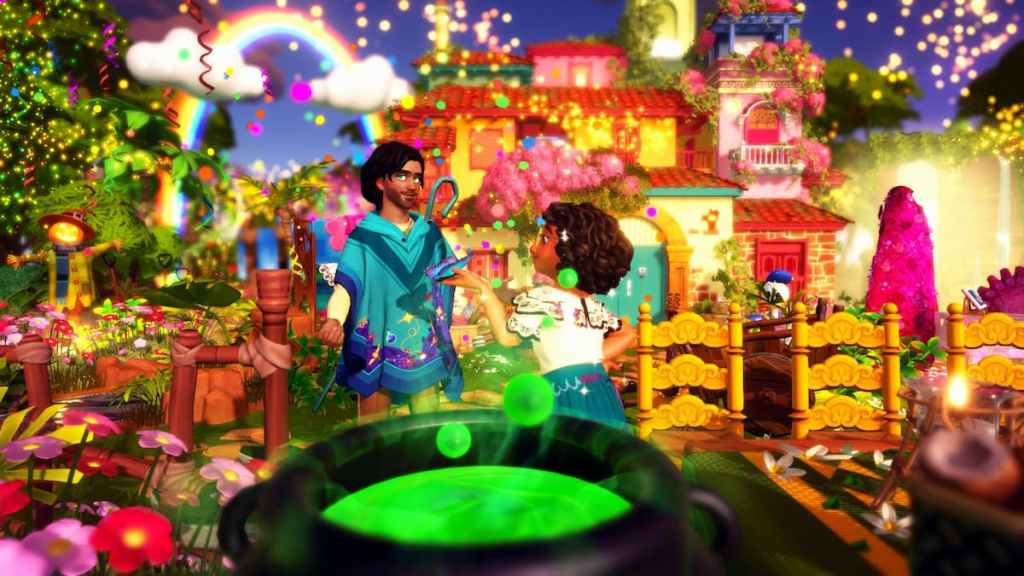 Bruno and Mirabel Madrigal in front of their colorful casita in disney dreamlight valley