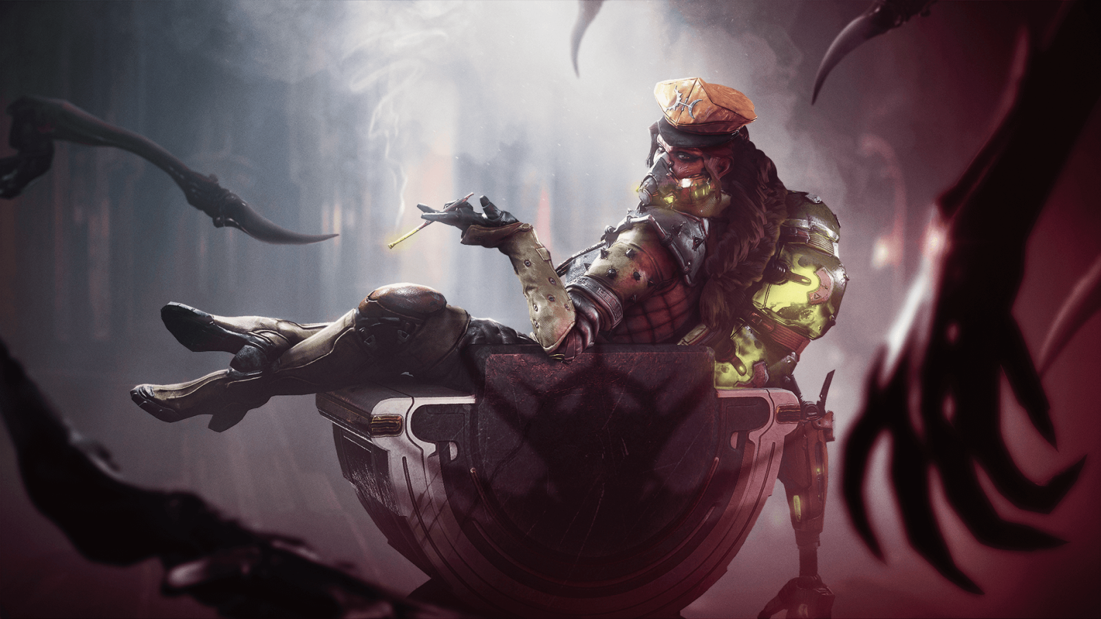 Major Neci Rusalka with her signature Effervon pipe. She's sitting on what looks like a throne in Duviri, with ominous hands reaching out to grab her.