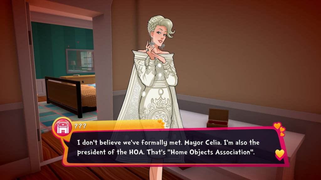 Celia, the ceiling brought to life wearing an elegant cream dress, introducing herself as the president of the HOA, home objects assocation, in Date Everything!