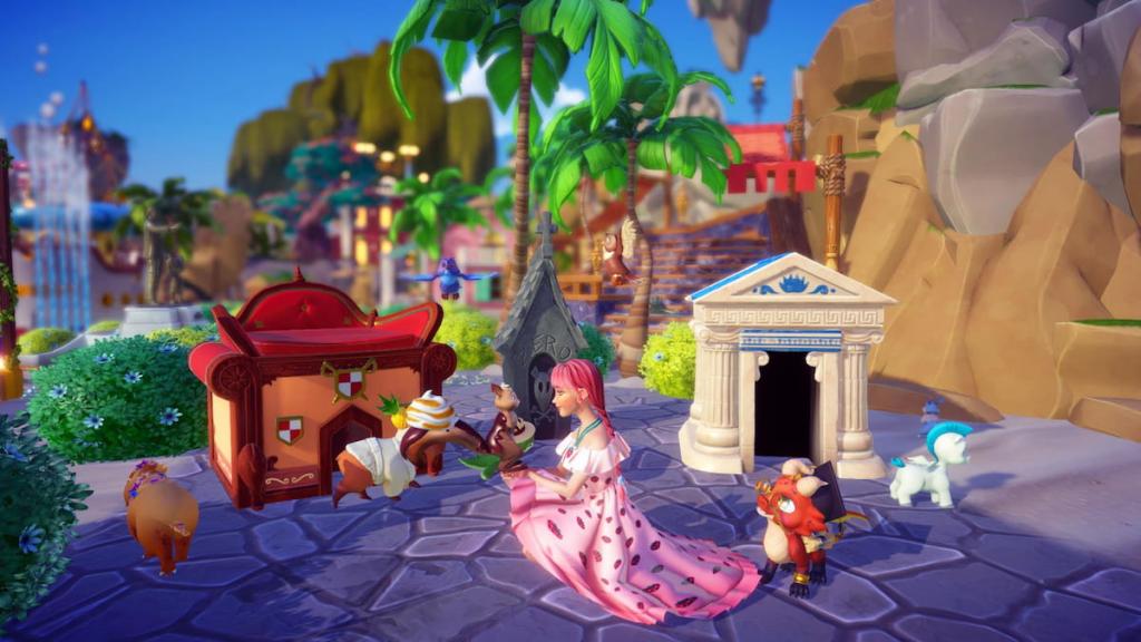 A player in a pink strawberry dress holding a squirrel while many critters run around them in disney dreamlight valley