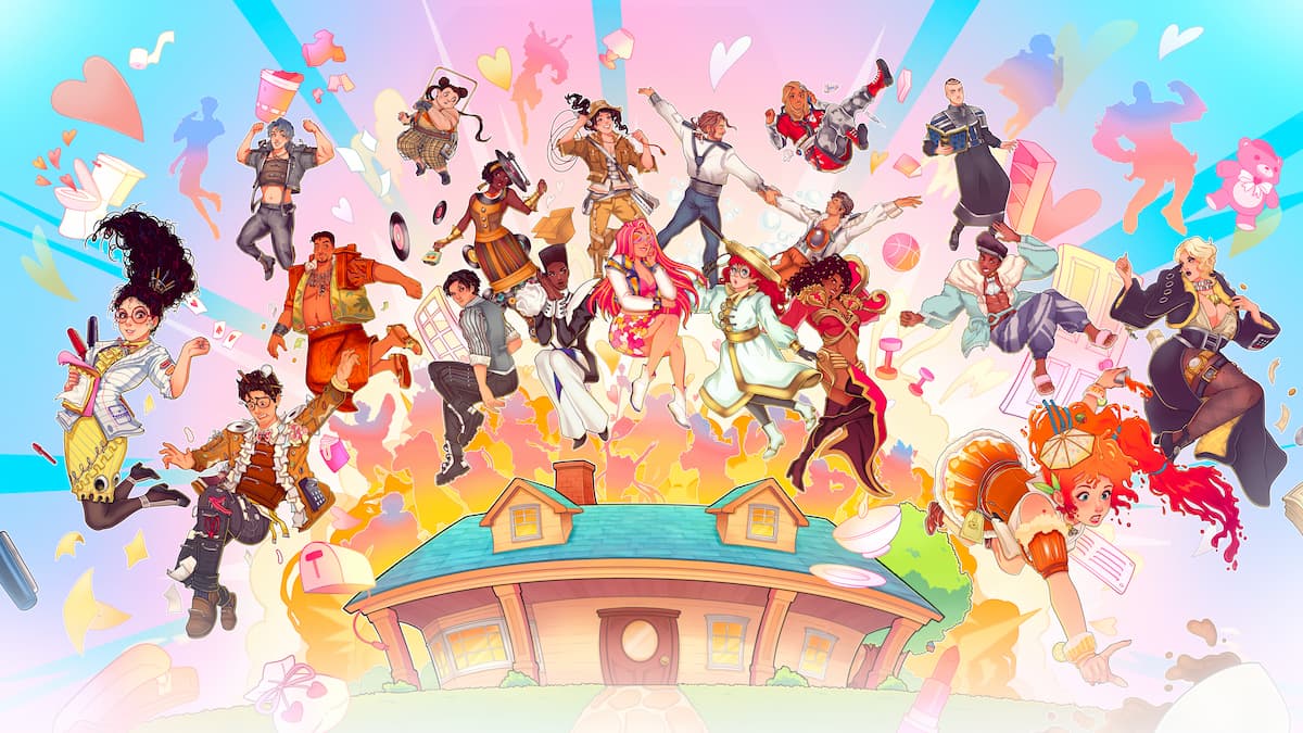 A collection of Date Everything! characters floating in a colorful sky over a house.