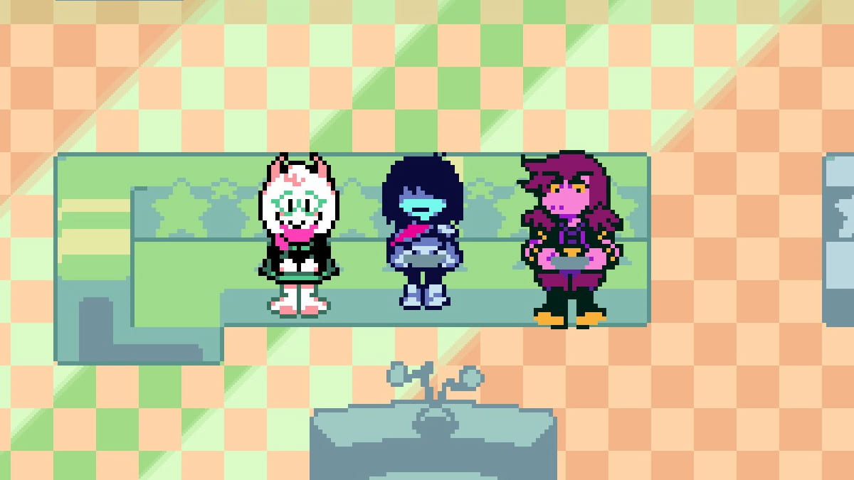 Deltarune main characters inside one of chapter 3's rooms