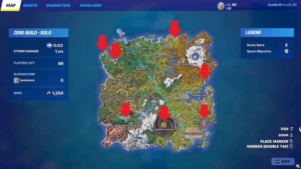 Demon guard locations marked on the island map in Fortnite