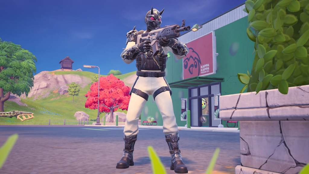 A demon guard wearing all black and white with a black mask with horns standing and holding a gun in Fortnite