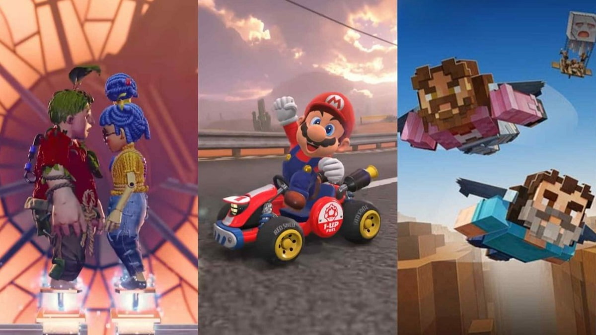 Three games to play for father's day, including mario driving in mario kart world, may and cody standing close together in it takes two, and two characters flying in minecraft