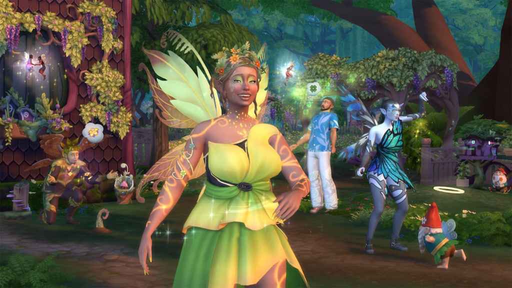 A fairy wearing a light green dress flying forward and smiling while a blue/grey fairy dances by a gnome, a man with green and brown clothes talks to a plant, and a man in a blue shirt and white pants looks startled by a small fairy in the background in The Sims 4