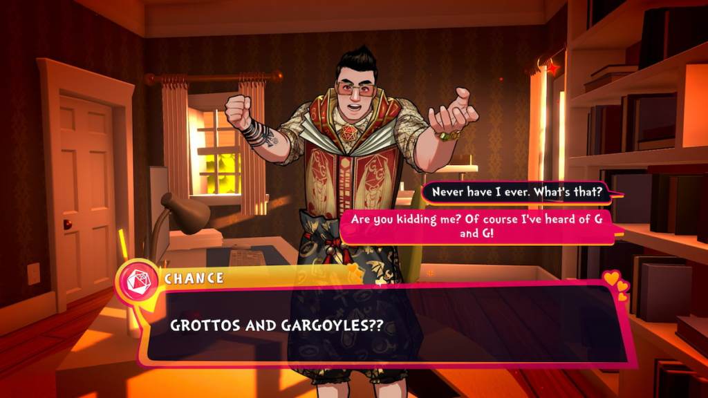 Talking to Chance the D20 dice about Grottos and gargoyles in an office lit by sunset light coming through the windows in Date Everything!