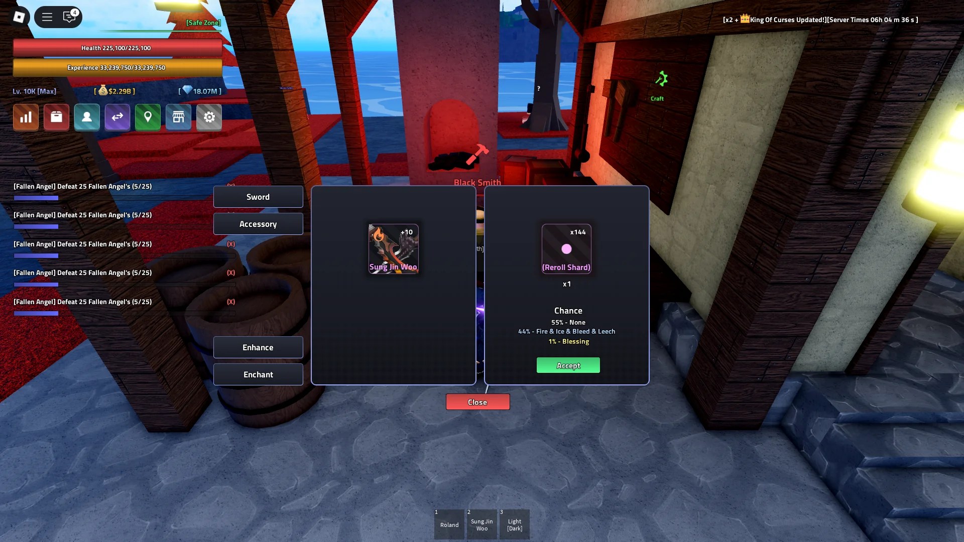 Preview of the Enchant menu in the Verse Piece Roblox experience where one can use Reroll Shards to add an enchantment to their Sword.