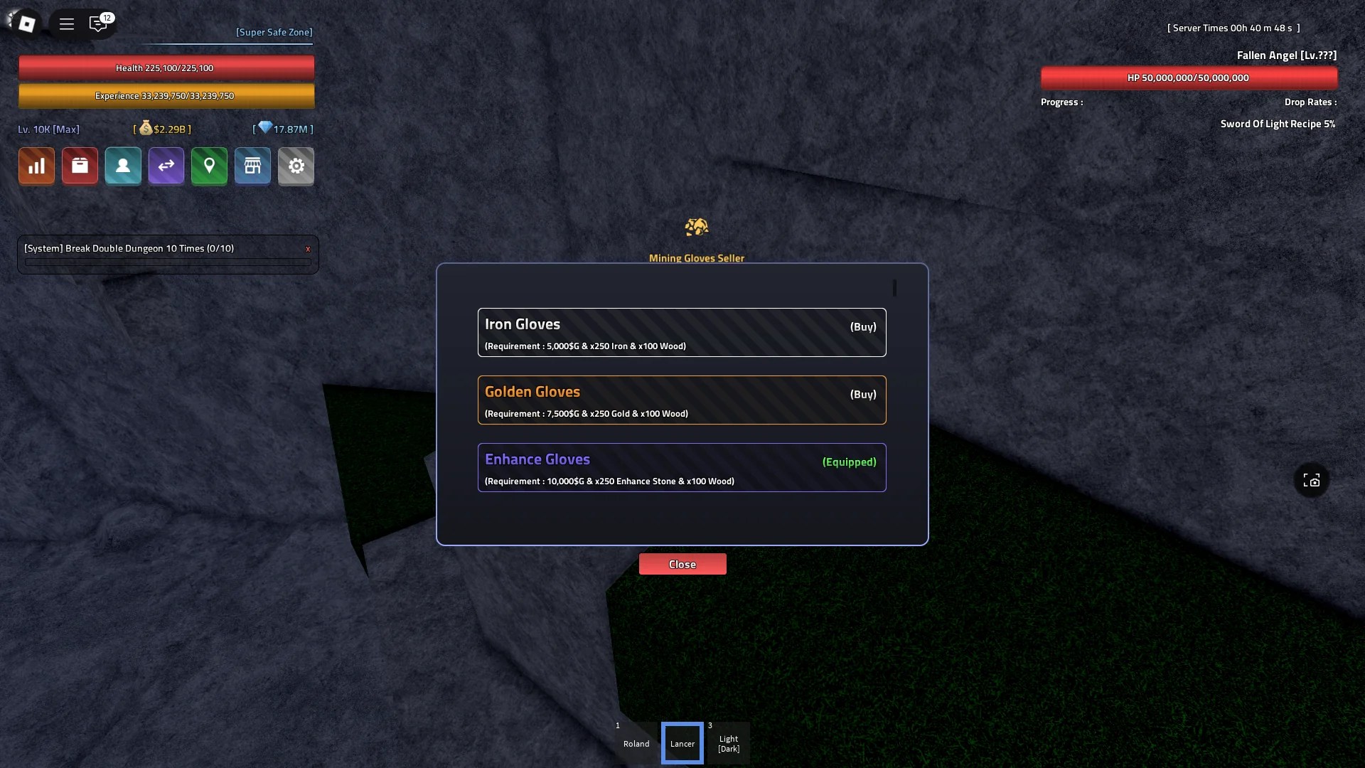 A player purchasing the Enhanced Mining Gloves from the Mining Gloves Seller NPC inside the Dungeon Cave in the Verse Piece Roblox experience.