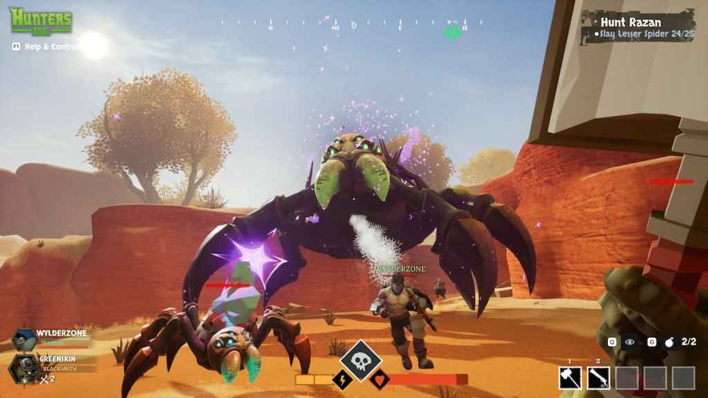 A massive spider in a desolate place fighting several Orcs in Hunters Inc.