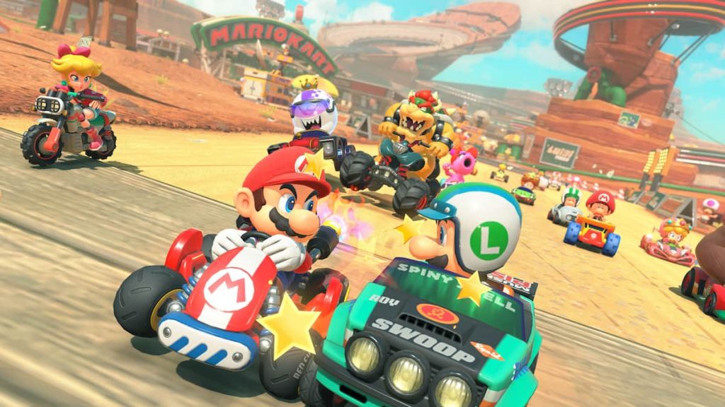 Mario and Luigi bumping into each other during a race in Mario Kart World