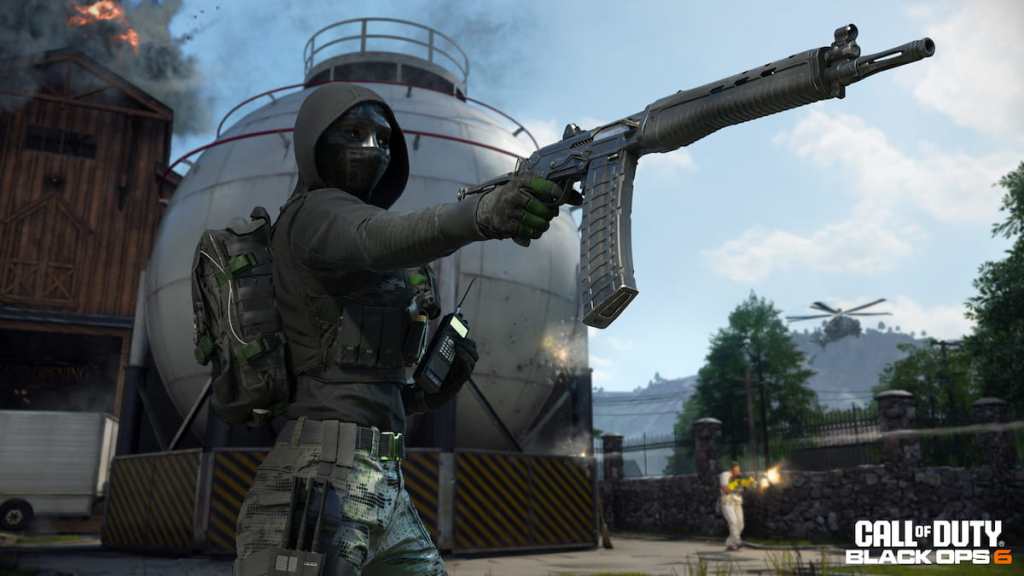 Black Ops 6 character aiming a shotgun with one hand