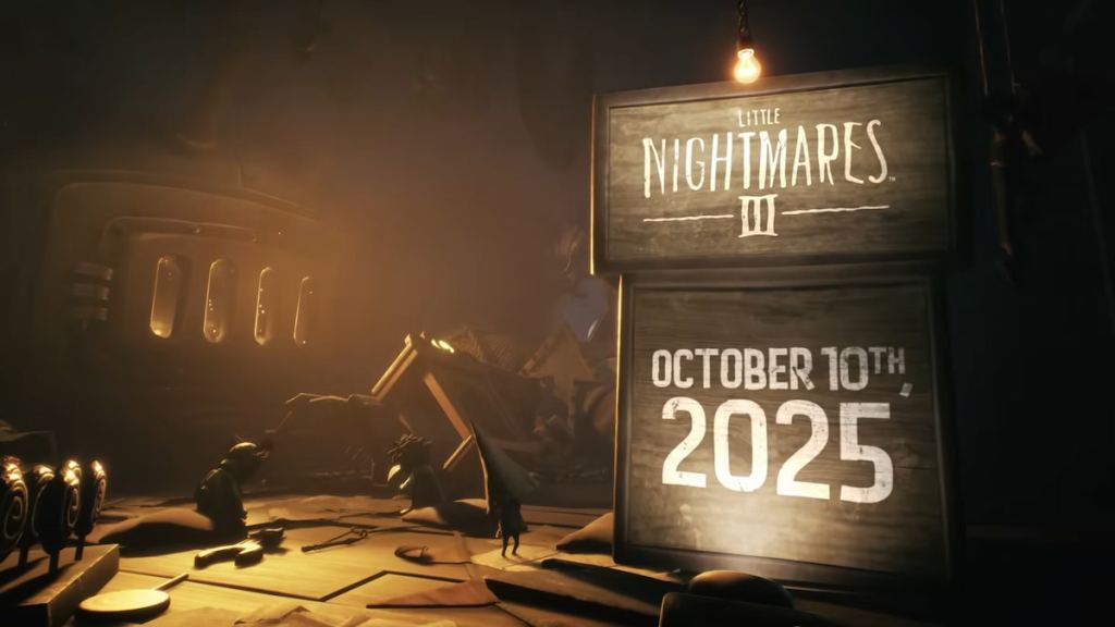 Little Nightmares 3 release date announcement on brown wooden boxes in trailer for Oct. 10, 2025