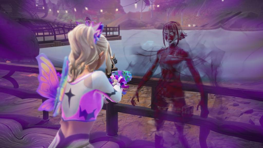 Haylee Skye looking at one of Morgan Myst's red shadow figured in Fortnite