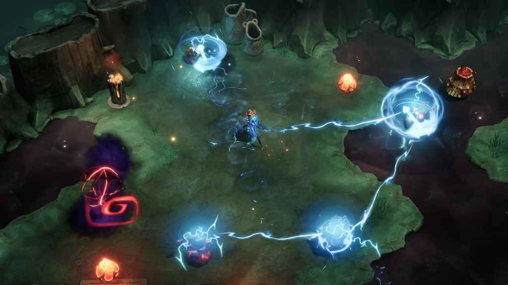 A character throwing bolts of lightning at enemies in Lost in Random: The Eternal Die.