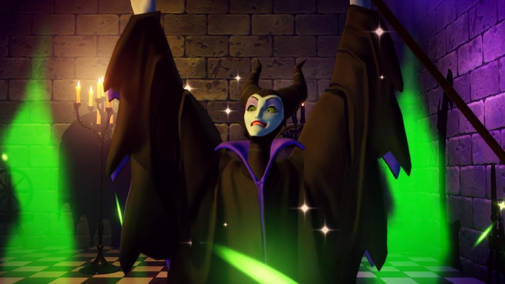 A close up of maleficent using magic in disney dreamlight valley