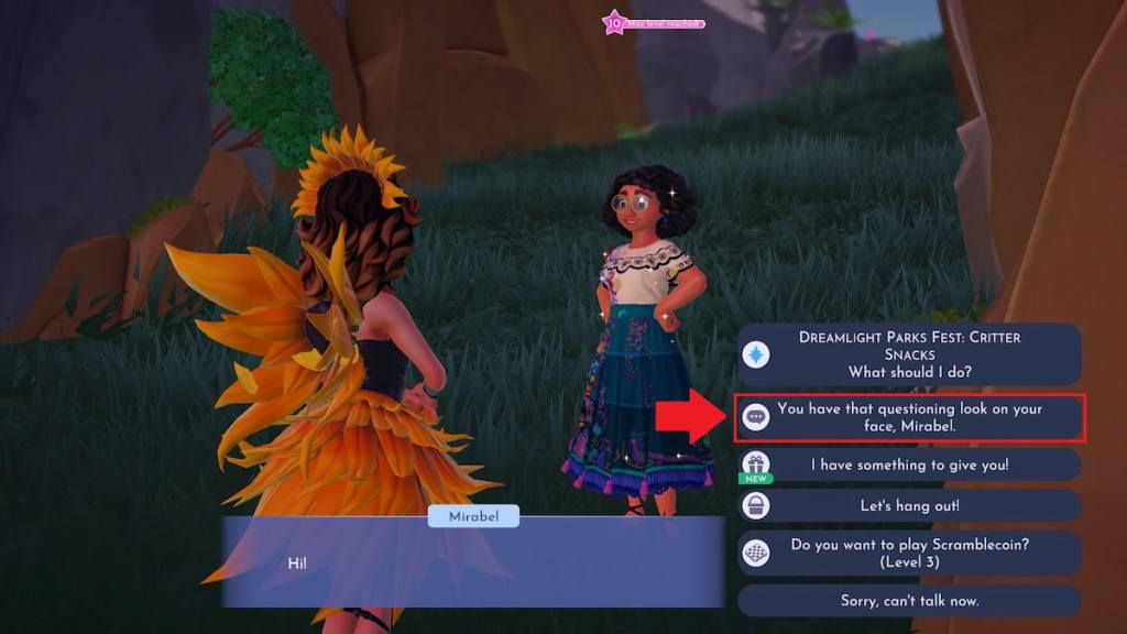 The daily discussion option marked while talking to Mirabel in disney dreamlight valley