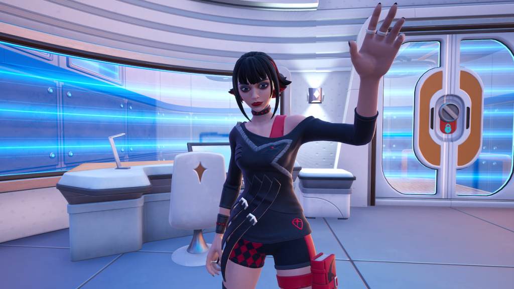 Morgan Myst holding up her hand and waving in Fortnite