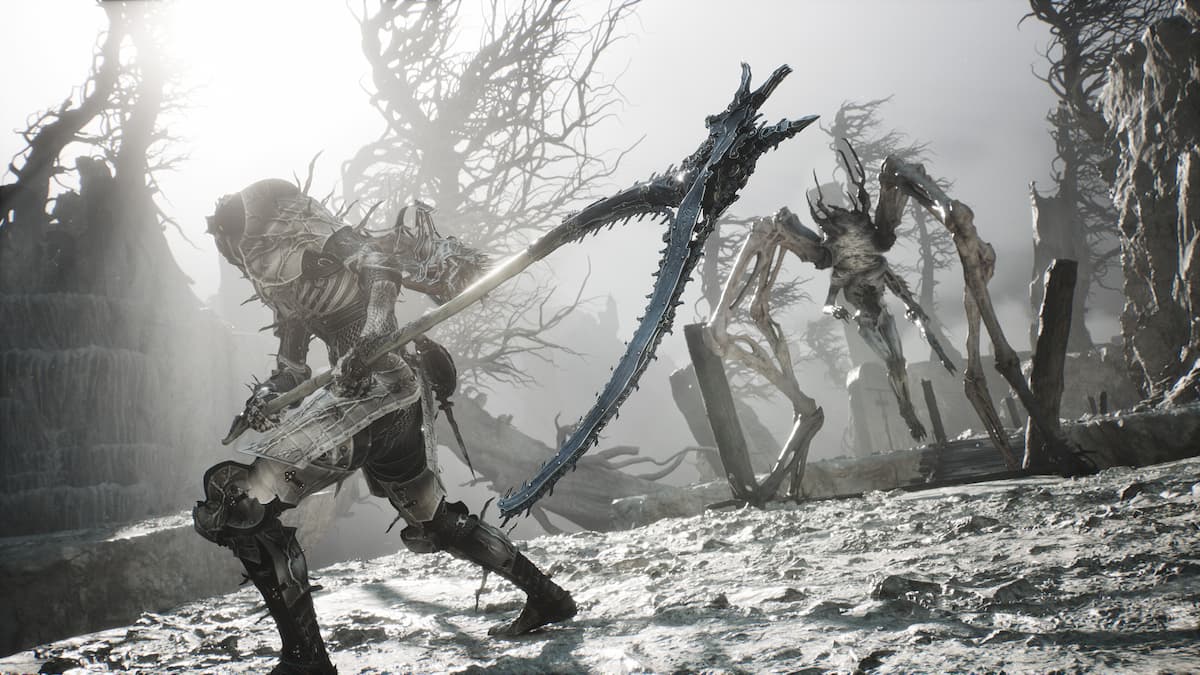 A character holding a scythe and standing on an ashy field faces off an arachnid enemy in Mortal Shell 2.