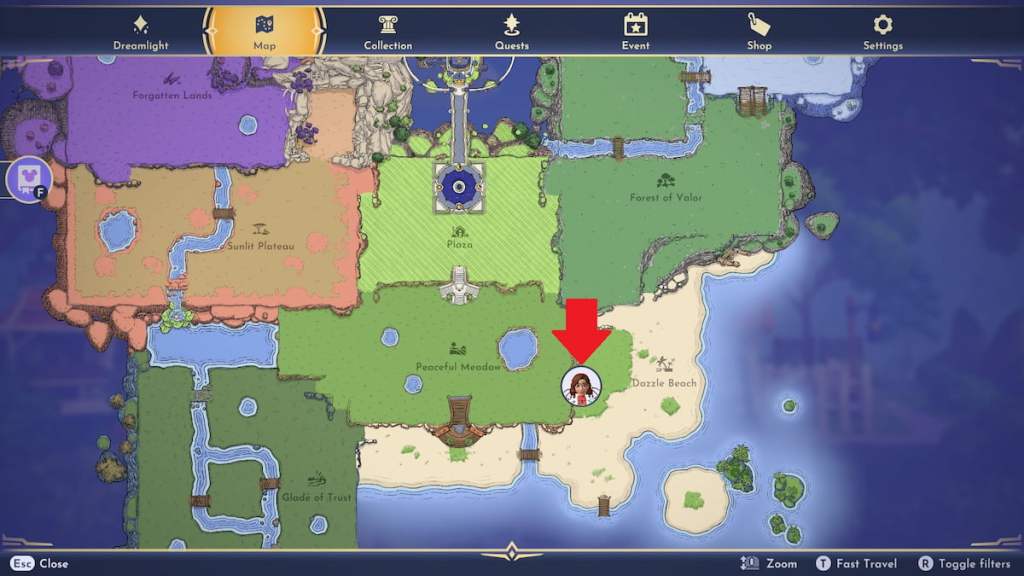 Map of dreamlight valley with mystical cave location marked in disney dreamlight valley