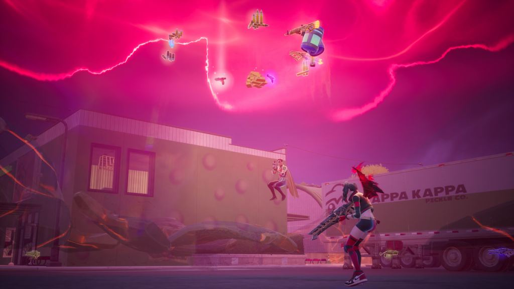 Loot dropping from an Overlord Spire in Fortnite
