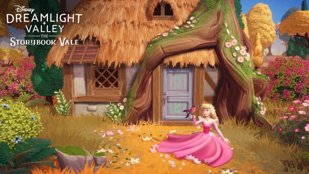 Aurora wearing a pink dress and lounging on the ground in front of a quaint flowery cottage in disney dreamlight valley