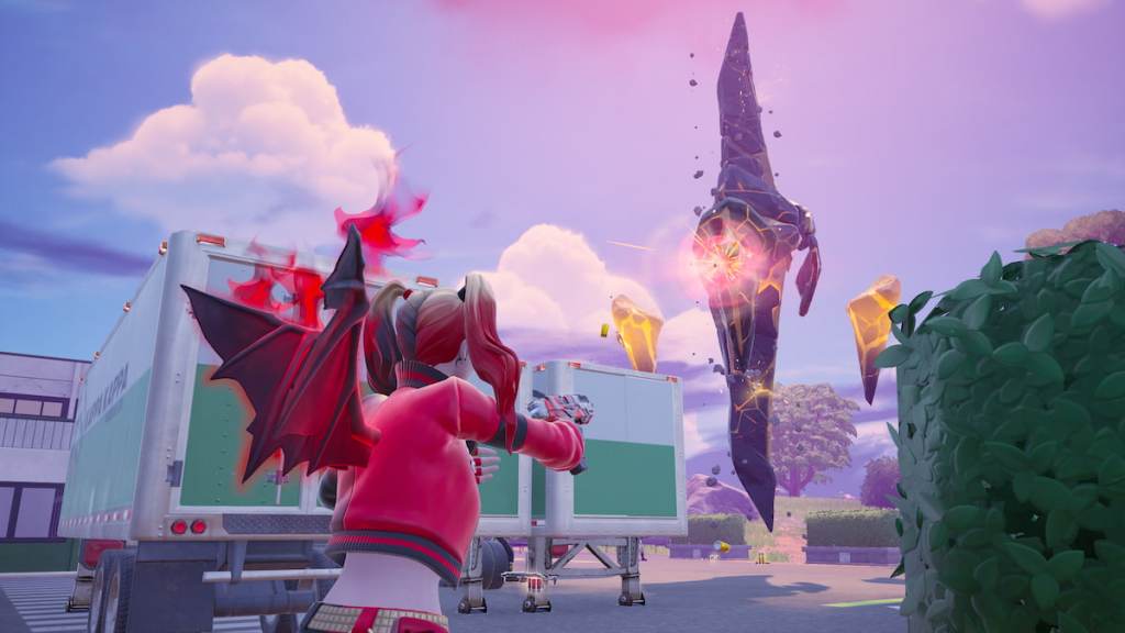 Shooting an Overlord Spire in Fortnite