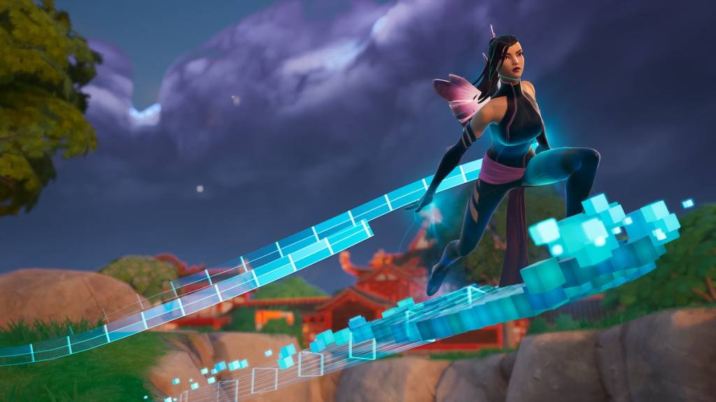 Psylocke soaring through the sky on a Surf Cube in Fortnite