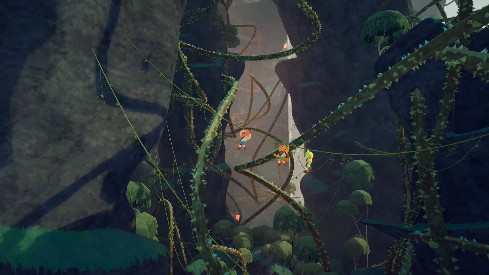 Two players climbing a hill in PEAK while dangling from the vines