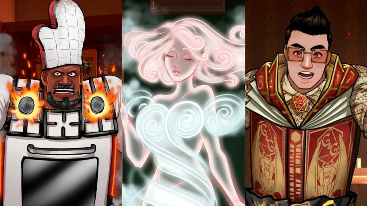 Stefan the stove, who is an angry chef with an oven mitt on his head, Airyn the air, a light white, blue, and pink glowing being made of air, and Chance the D20, a man with a G&G Dice on a red and gold outfit in Date Everything!