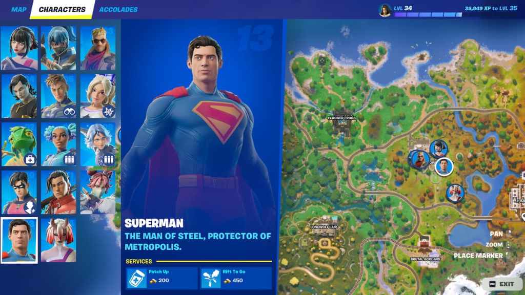 Superman's location on a map of the island in Fortnite