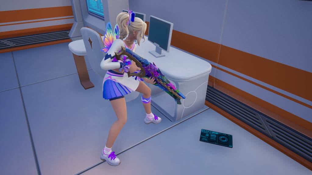 Haylee Skye, a cheerleader with blonde hair and a white, pink, and purple outfit, standing by surveillance gear screen in Fortnite